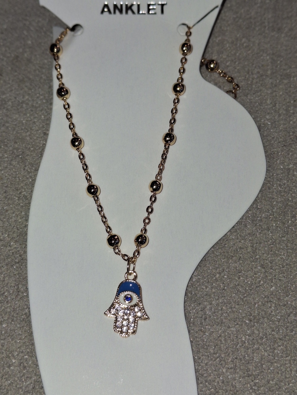 Gold Hamsa Charm Anklet with Blue Enamel Eye